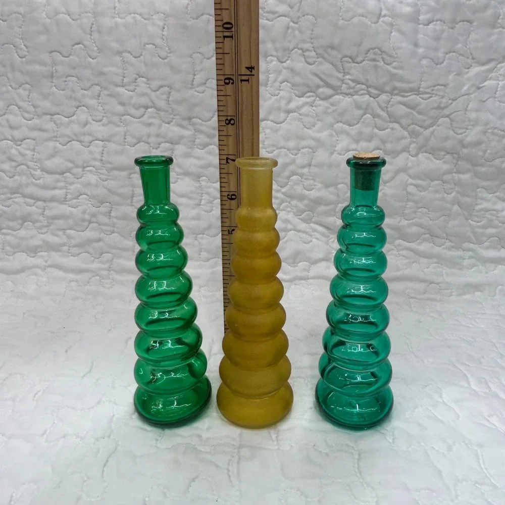 Vintage Art Glass Bubble Ribbed Bud Vases Lot 4 Green Yellow Frosted Mid Century
